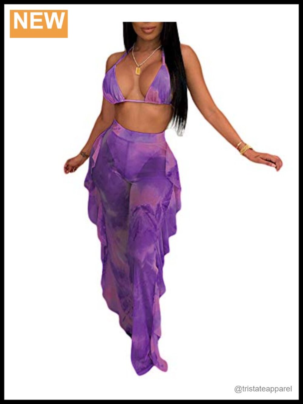 Ophestin Mesh Halter Bikini Set with Ruffle Long Pants